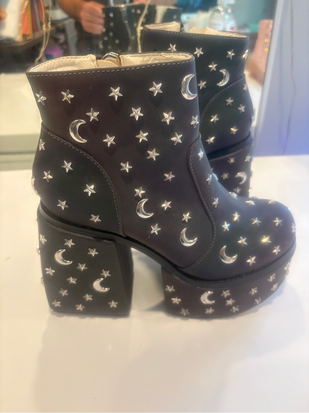 YRU Black Iridescent Platform Moon & Star Studded Ankle Boots